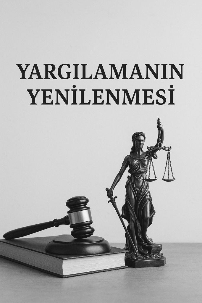 Yargılamanın yenilenmesi kavramını temsil eden, adalet heykeli, hâkim tokmağı ve hukuk kitabı içeren siyah-beyaz hukuk temalı görsel.