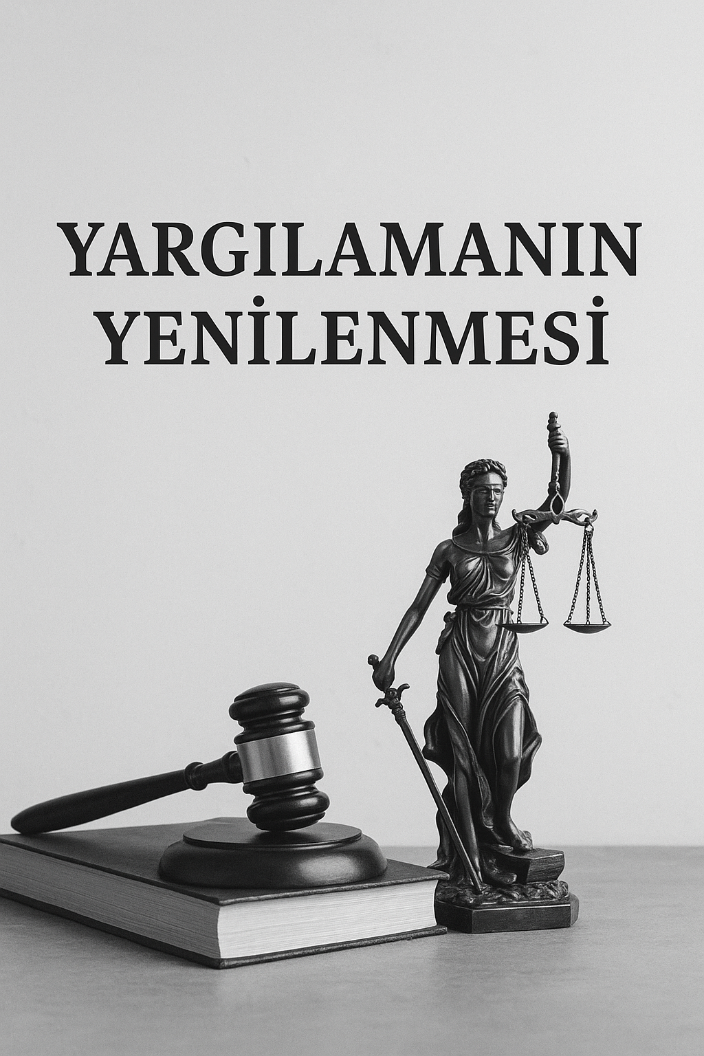Yargılamanın yenilenmesi kavramını temsil eden, adalet heykeli, hâkim tokmağı ve hukuk kitabı içeren siyah-beyaz hukuk temalı görsel.