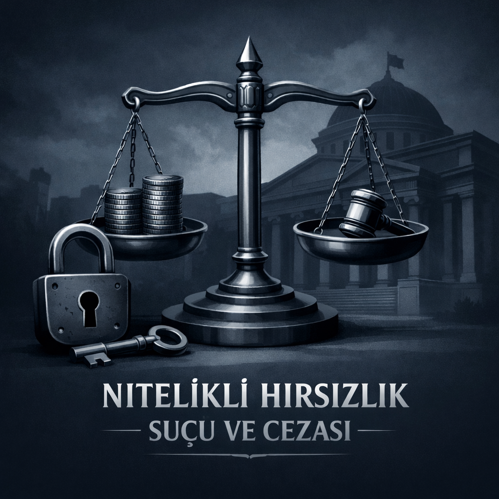 Bursa ceza avukatı – nitelikli hırsızlık suçu ve cezasını temsil eden adalet terazisi ve kilit temalı görsel