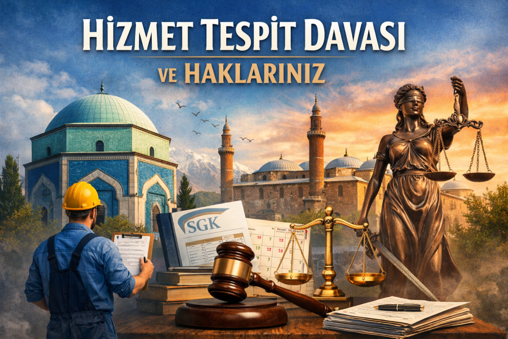 Bursa avukat tarafından anlatılan hizmet tespit davasını simgeleyen, SGK belgeleri, adalet terazisi ve Bursa simgelerinin yer aldığı görsel