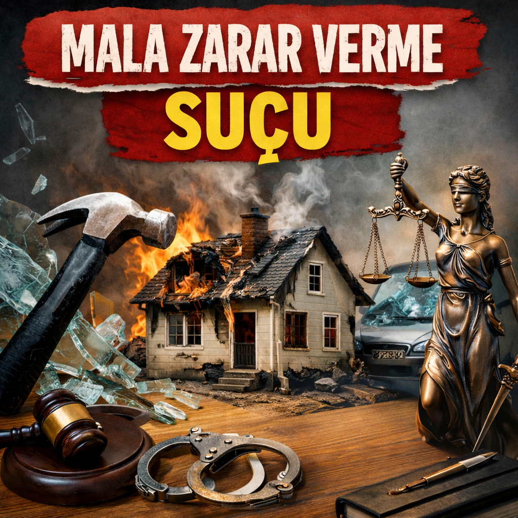 Mala zarar verme suçu, yakılmış ev ve adalet terazisi görseli – Bursa ceza avukatı tarafından hazırlanan ceza hukuku makalesi