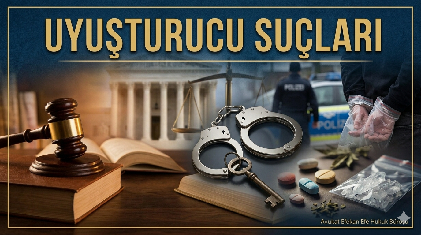 Bursa ceza avukatı uyuşturucu suçları davaları için bilgilendirici makale kapağı. Kelepçe, hakim tokmağı ve adli süreç sembolleri.